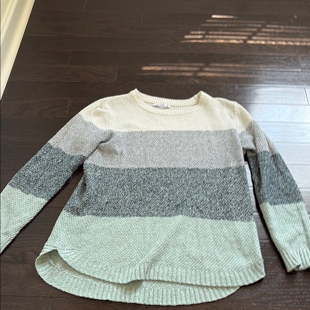 Pink Clover Striped Knit Sweater in Cream, Light Gray, blue/gray, and Mint